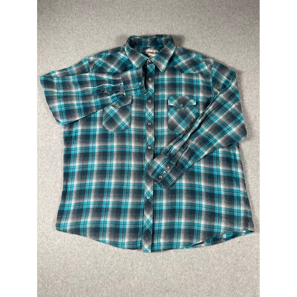 VTG Wrangler Wrancher Mens 2XL Teal Blue Plaid Pearl Snap Western LS Shirt XL